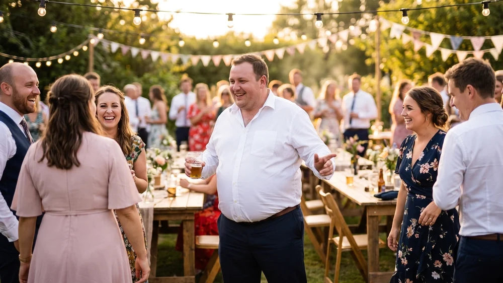 Bigger-bodied man in a white wedding dress shirt mingling with guests at an outdoor wedding