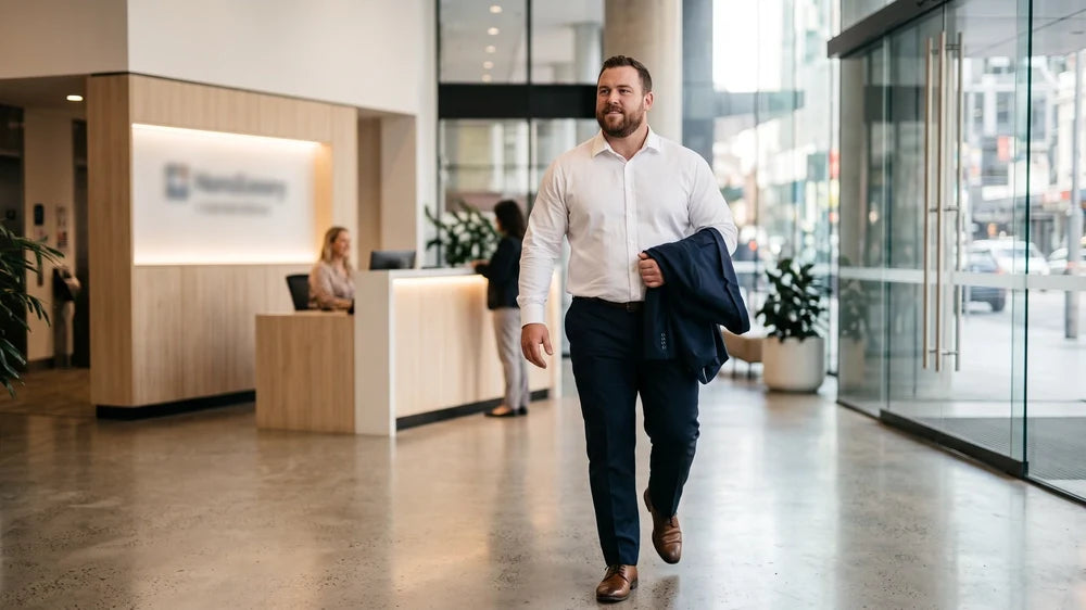Bigger-bodied man in a crisp dress shirt walking into an office for a job interview