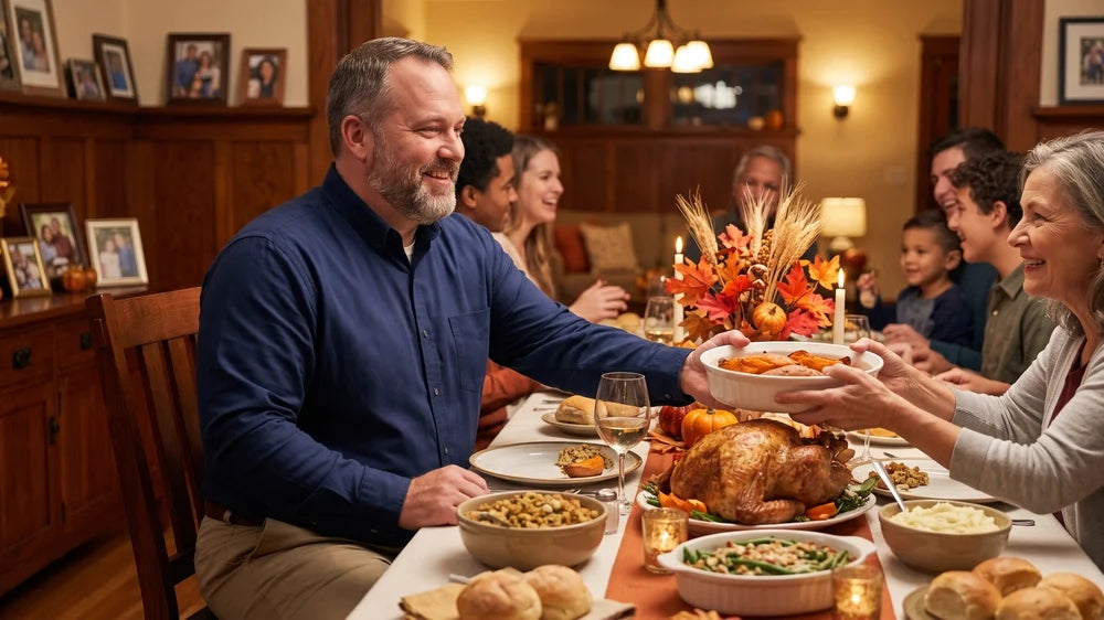 Heavyset man in a long sleeve shirt passing a dish at a Thanksgiving family dinner