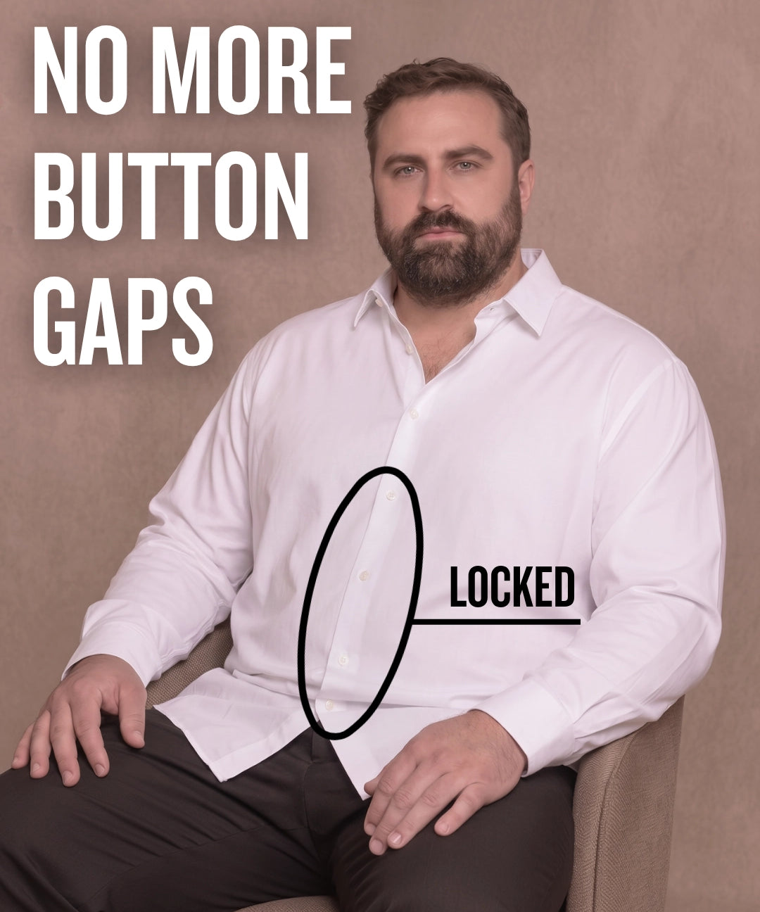 White man sitting on a chair wearing a white long-sleeve dress shirt, pointing at the button placket to show no button gap, front view