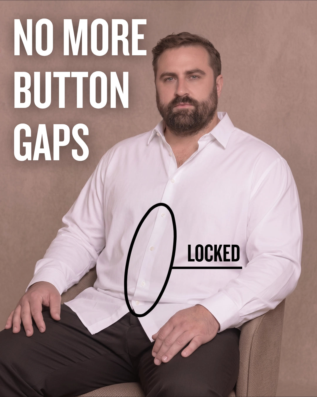 White man sitting on a chair wearing a white long-sleeve dress shirt, pointing at the button placket to show no button gap, front view