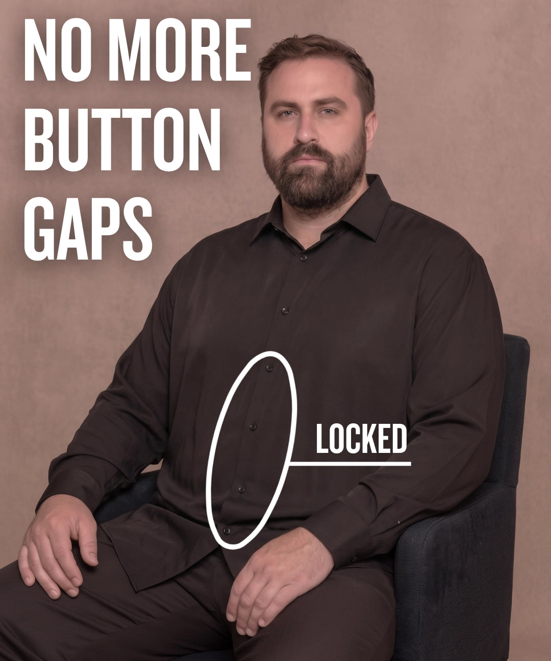 White man sitting on a chair wearing a black long-sleeve dress shirt, pointing at the button placket to show no button gap, front view
