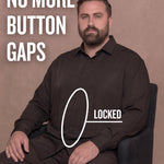 White man sitting on a chair wearing a black long-sleeve dress shirt, pointing at the button placket to show no button gap, front view