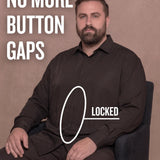 White man sitting on a chair wearing a black long-sleeve dress shirt, pointing at the button placket to show no button gap, front view