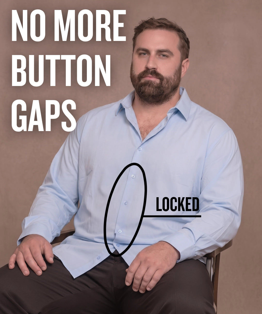 White man sitting on a chair wearing a light blue long-sleeve dress shirt, pointing at the button placket to show no button gap, front view