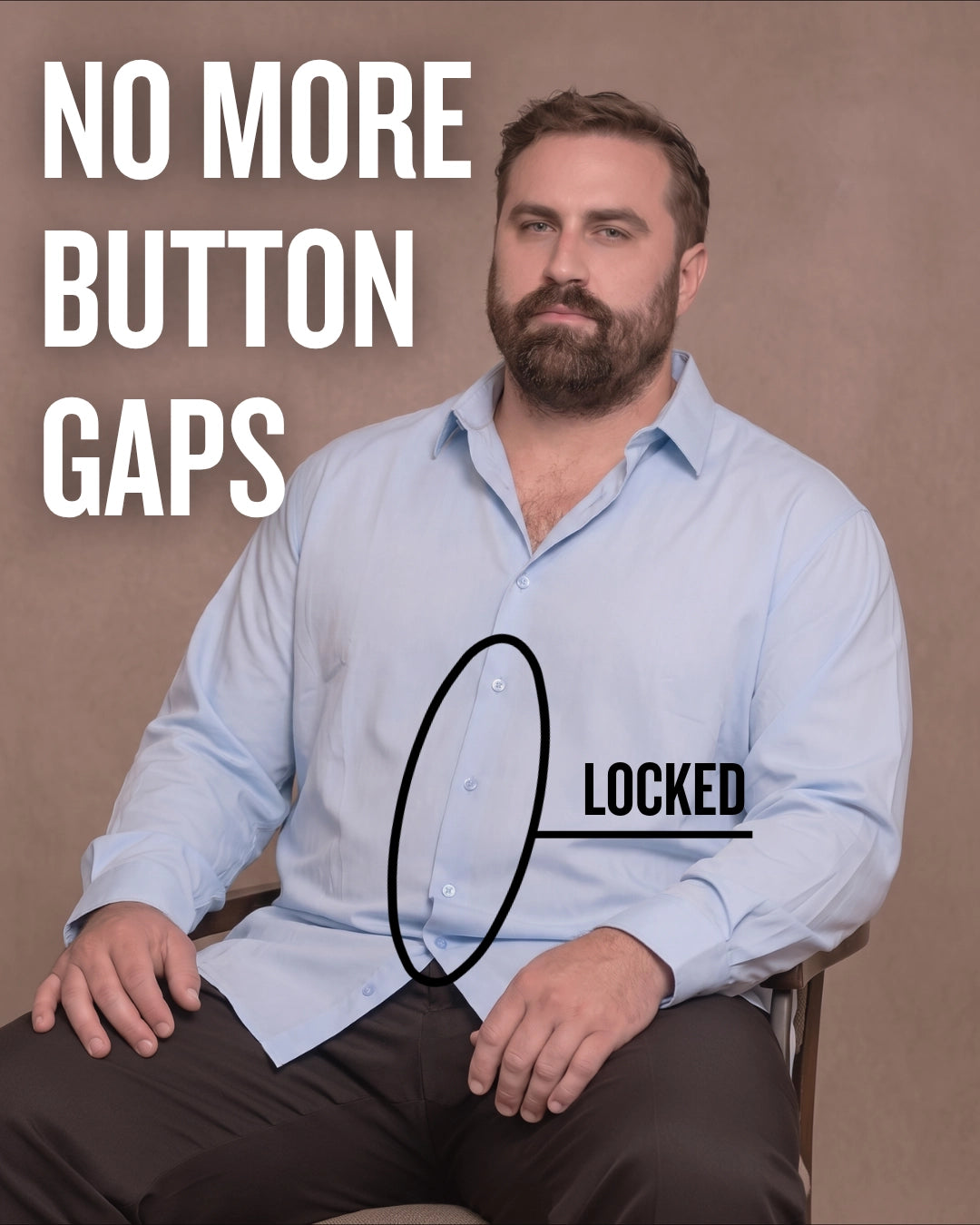 White man sitting on a chair wearing a light blue long-sleeve dress shirt, pointing at the button placket to show no button gap, front view