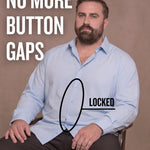 White man sitting on a chair wearing a light blue long-sleeve dress shirt, pointing at the button placket to show no button gap, front view