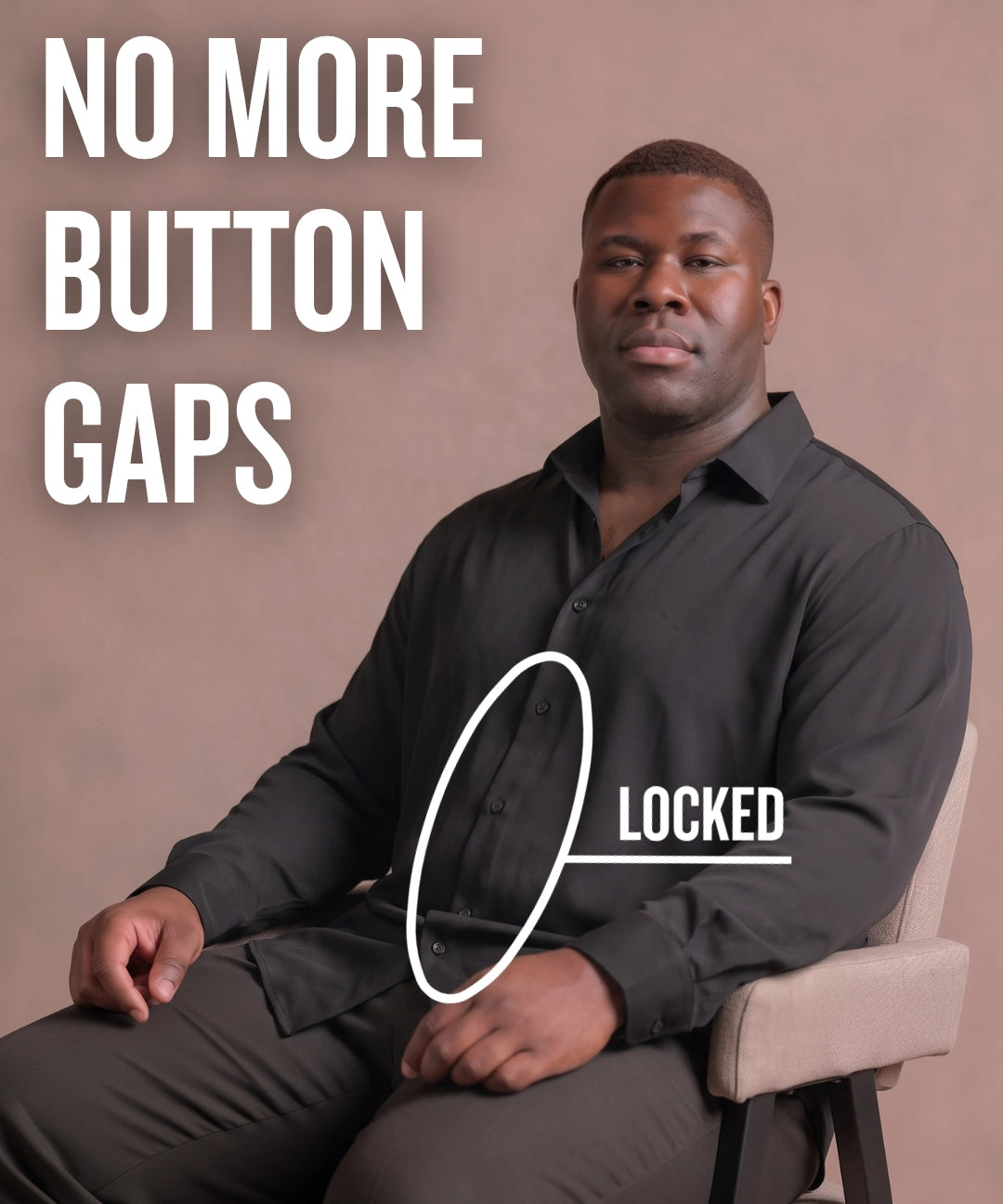 Black man sitting on a chair wearing a black long-sleeve dress shirt, pointing at the button placket to show no button gap, front view