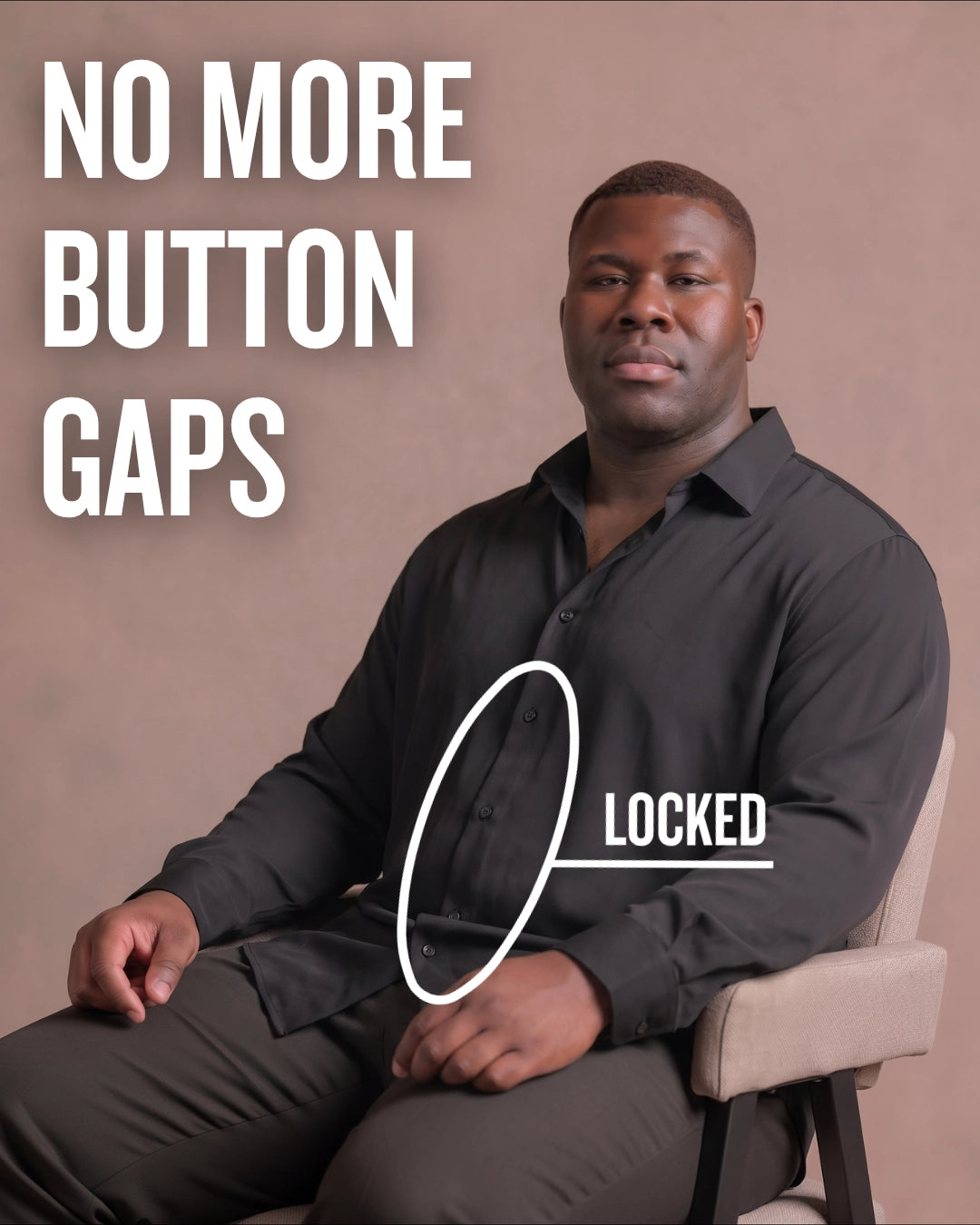 Black man sitting on a chair wearing a black long-sleeve dress shirt, pointing at the button placket to show no button gap, front view