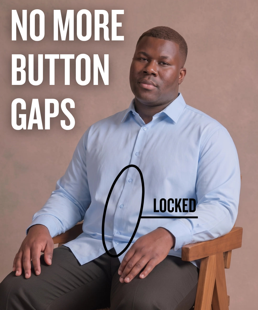 Black man sitting on a chair wearing a light blue long-sleeve dress shirt, pointing at the button placket to show no button gap, front view
