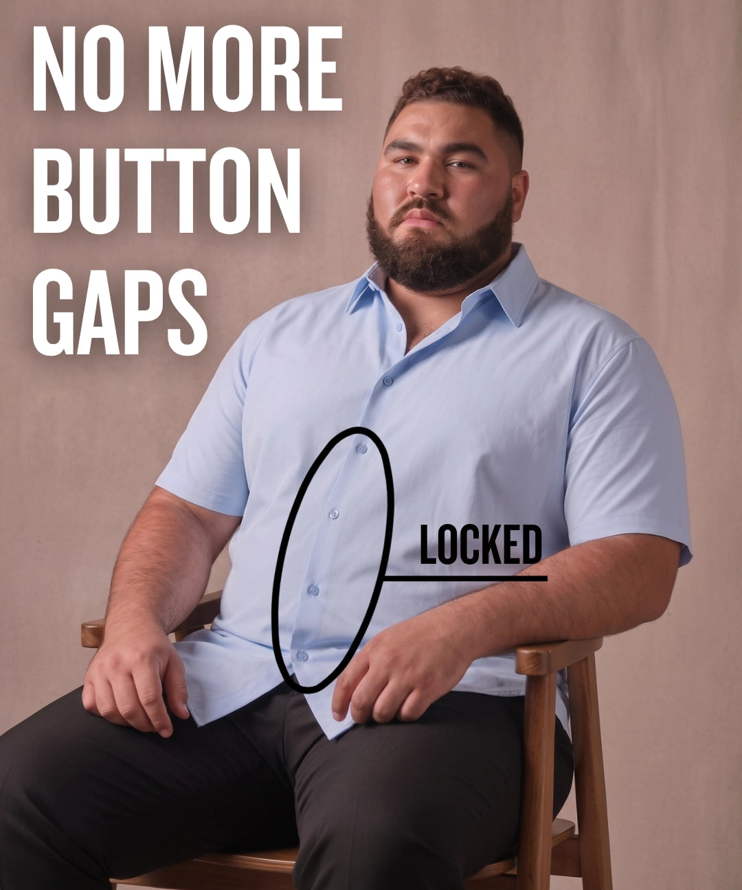 White man sitting on a chair wearing a light blue short-sleeve dress shirt, pointing at the button placket to show no button gap, front view