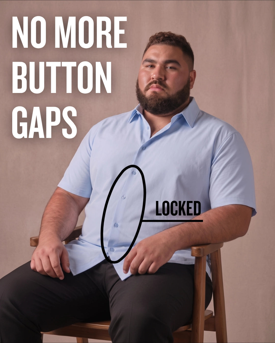 White man sitting on a chair wearing a light blue short-sleeve dress shirt, pointing at the button placket to show no button gap, front view