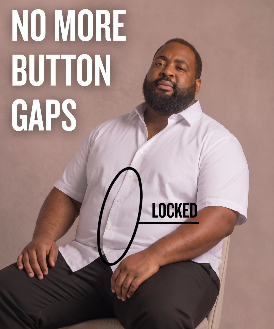 Black man sitting on a chair wearing a white short-sleeve dress shirt, pointing at the button placket to show no button gap, front view