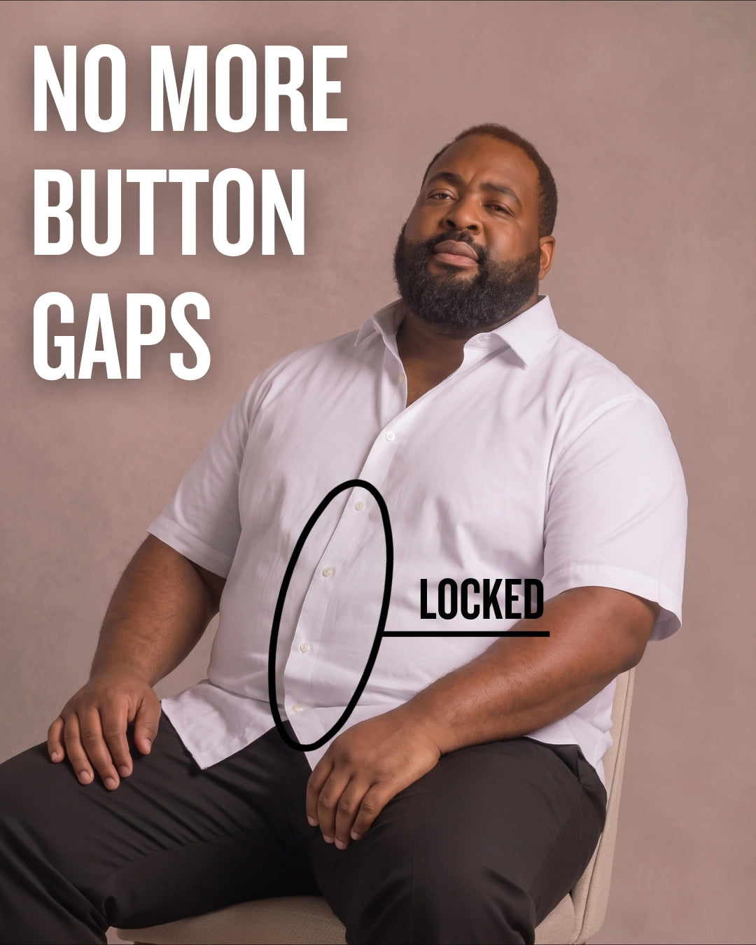 Black man sitting on a chair wearing a white short-sleeve dress shirt, pointing at the button placket to show no button gap, front view