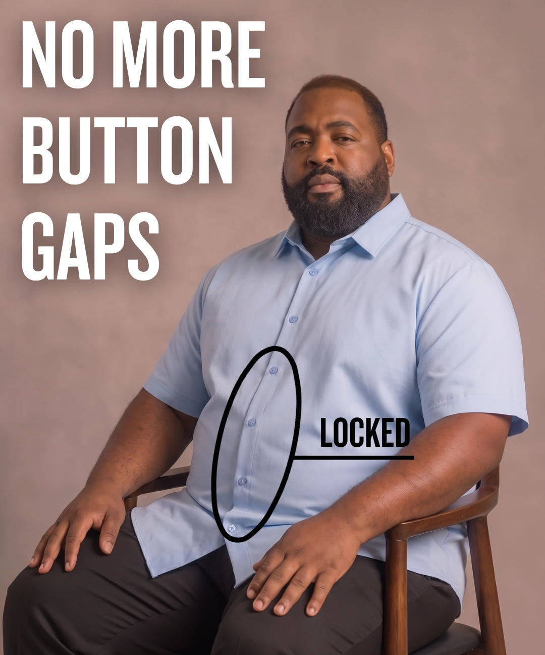 Black man sitting on a chair wearing a light blue short-sleeve dress shirt, pointing at the button placket to show no button gap, front view