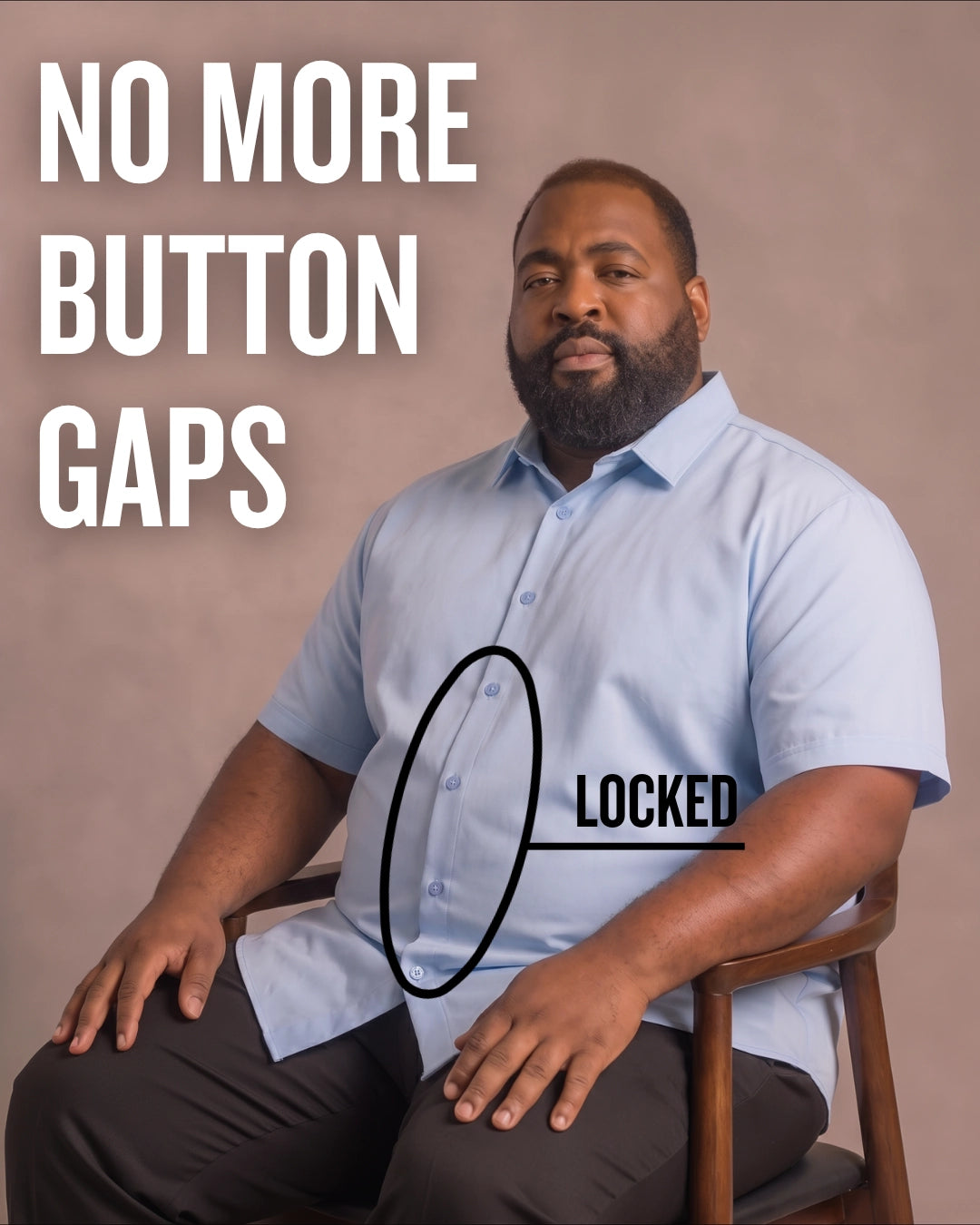Black man sitting on a chair wearing a light blue short-sleeve dress shirt, pointing at the button placket to show no button gap, front view