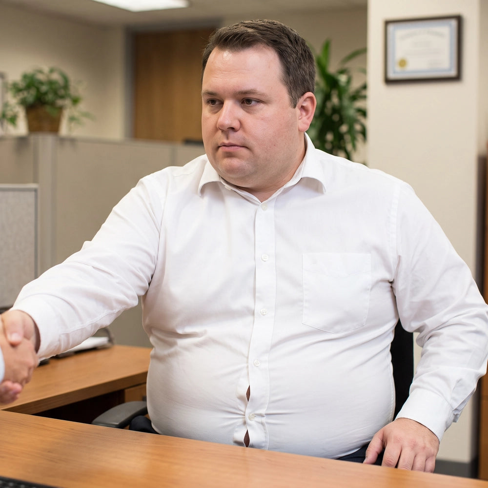 Man leaning forward to shake hands as his dress shirt strains at the buttons