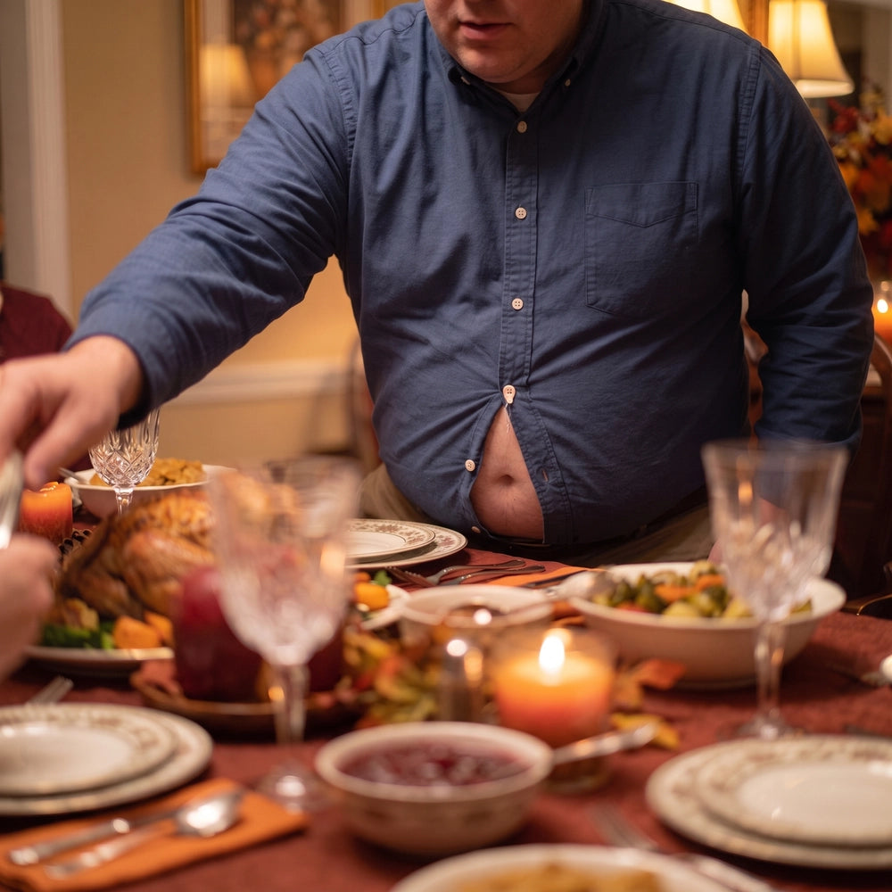 Man reaching across a Thanksgiving table, shirt gapping slightly at the front buttons
