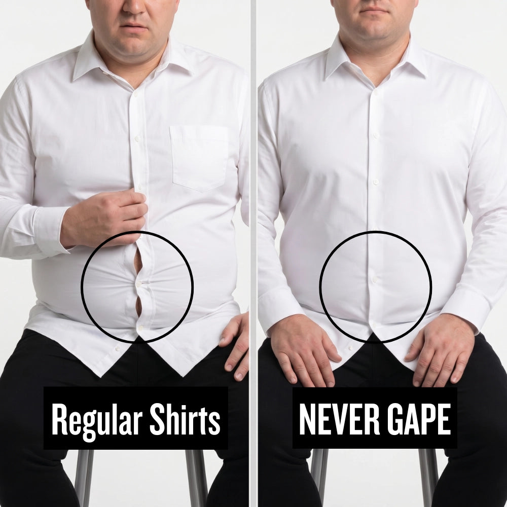 Comparison image showing two men sitting side by side wearing dress shirts, with one experiencing button gaps at the stomach and the other maintaining a smooth closed shirt front