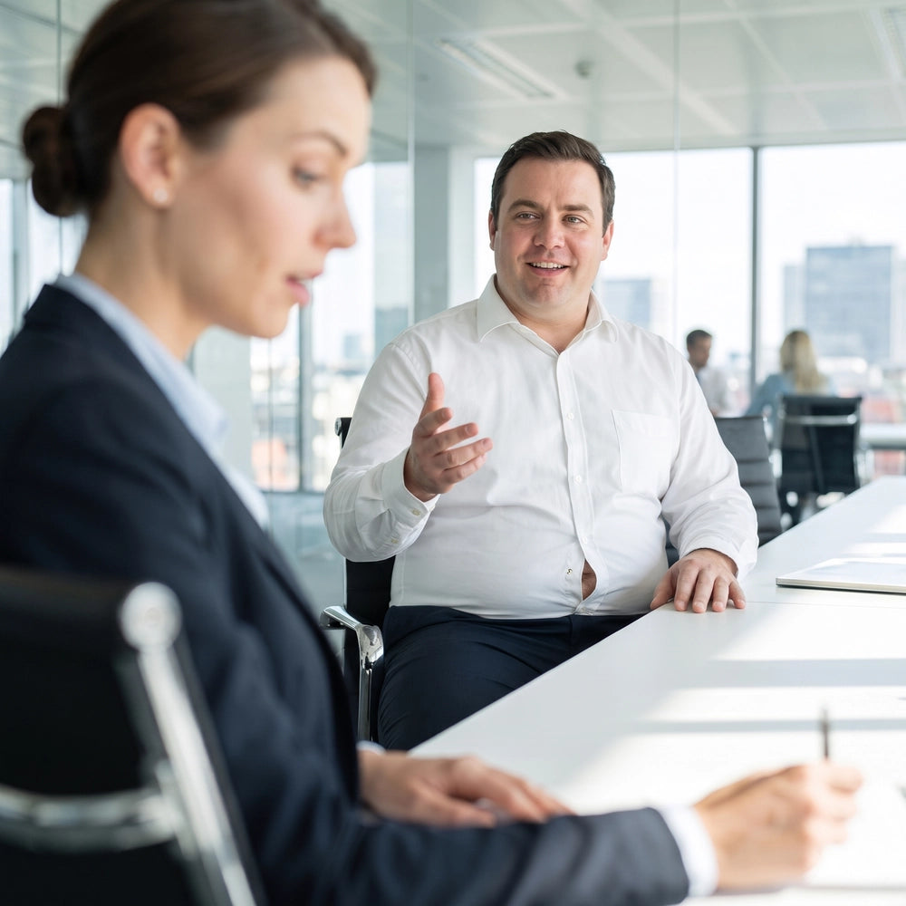 Overweight businessman presenting in a meeting while a colleague notices his dress shirt button gap