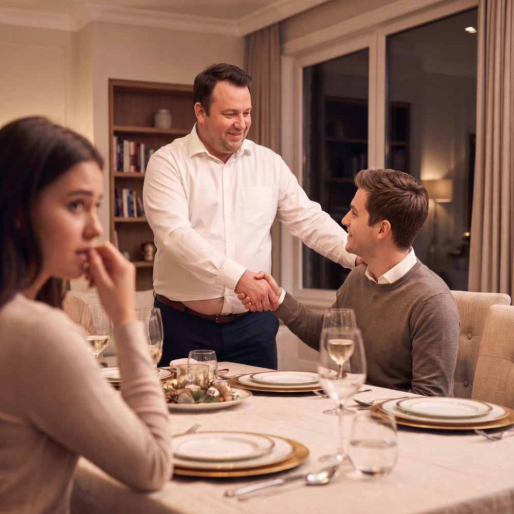 Overweight father wearing a white button-down shirt meeting his daughter's boyfriend while daughter notices his shirt button gap during family dinner
