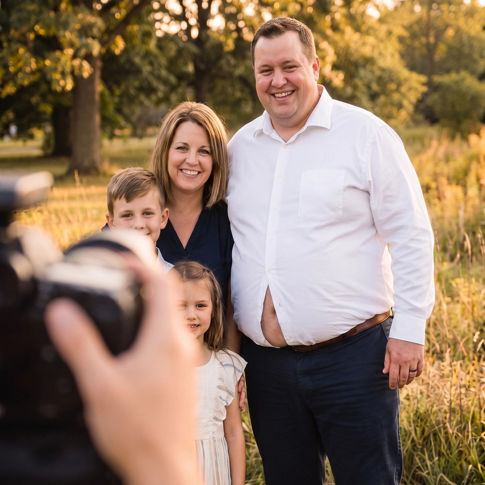 Big and tall man experiencing a dress shirt button gap during a family photo.