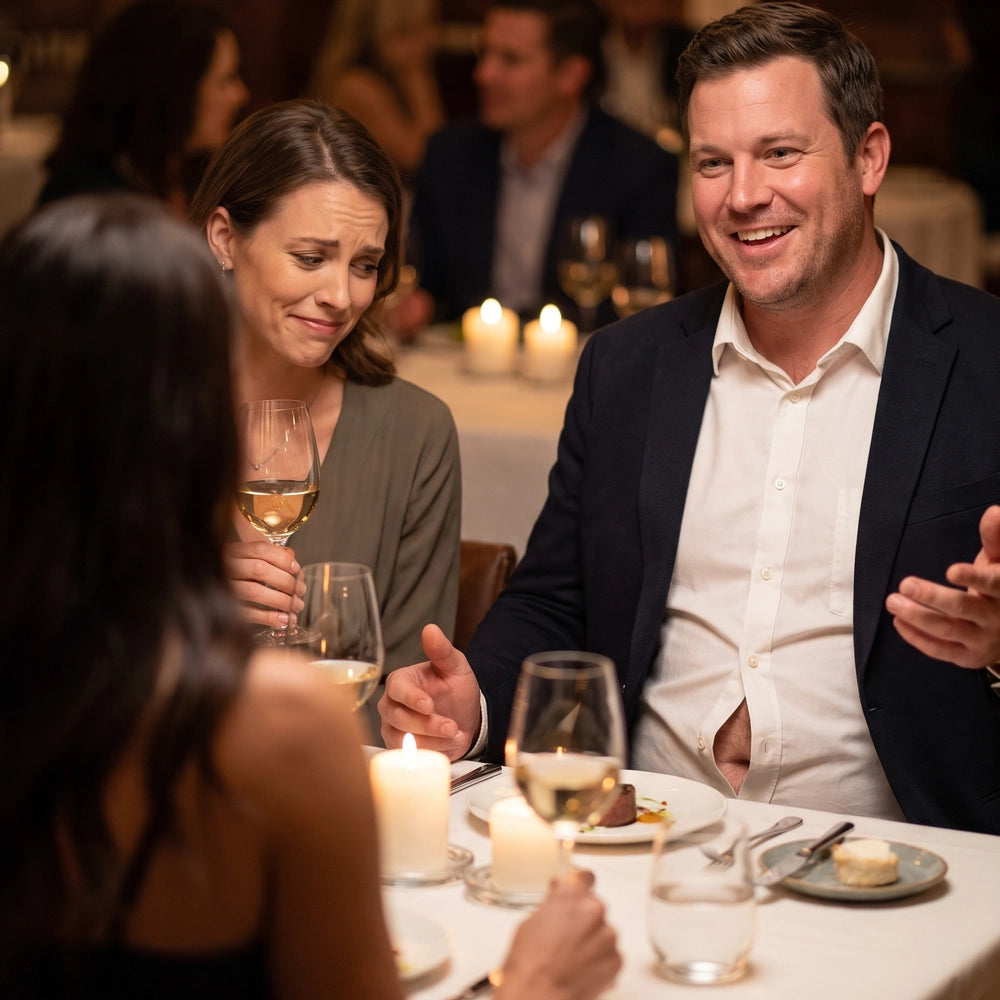 Big and tall man experiencing a button gap on his dress shirt during a restaurant date.