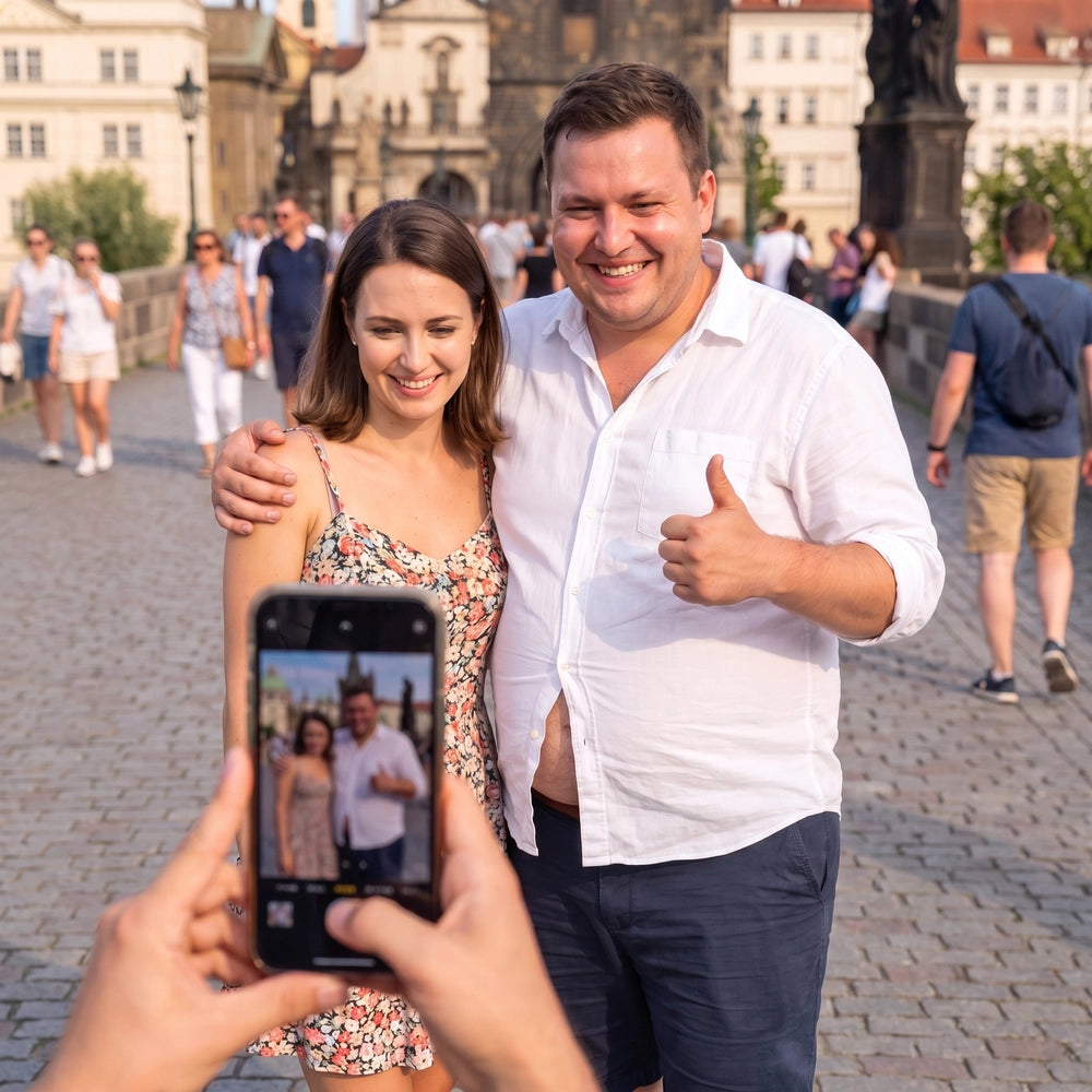 Larger-built man posing with his girlfriend for a tourist photo, unaware of an undone shirt button exposing his stomach while the smartphone camera preview clearly shows the button gap.
