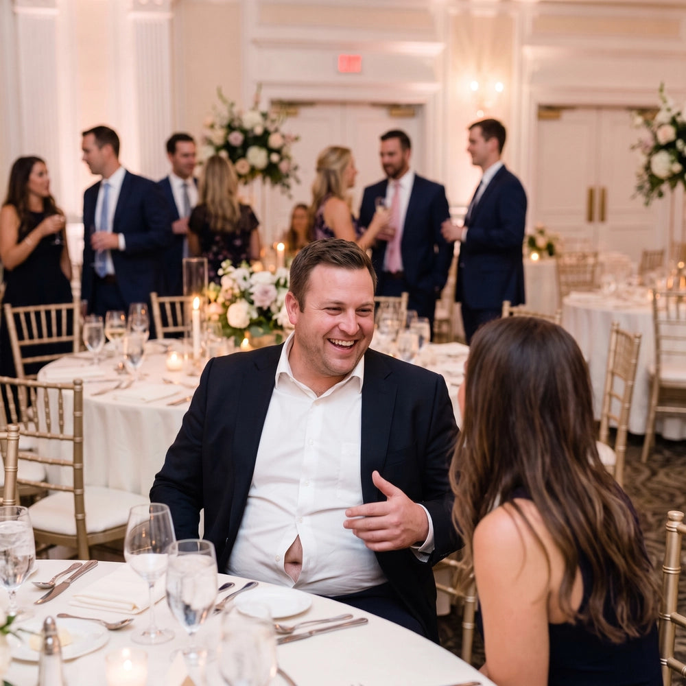 Big and tall wedding guest experiencing a dress shirt button gap during the ceremony.