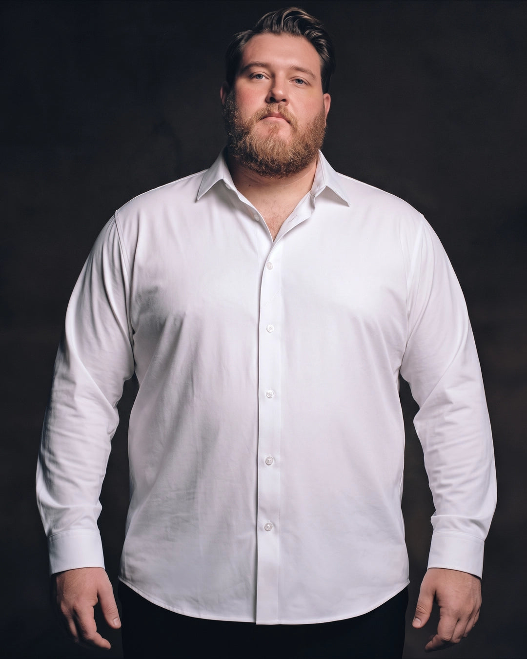 Plus-size white man trying on NEVER GAPE No-Gap Stretch Dress Shirt in White, Long Sleeve, front view