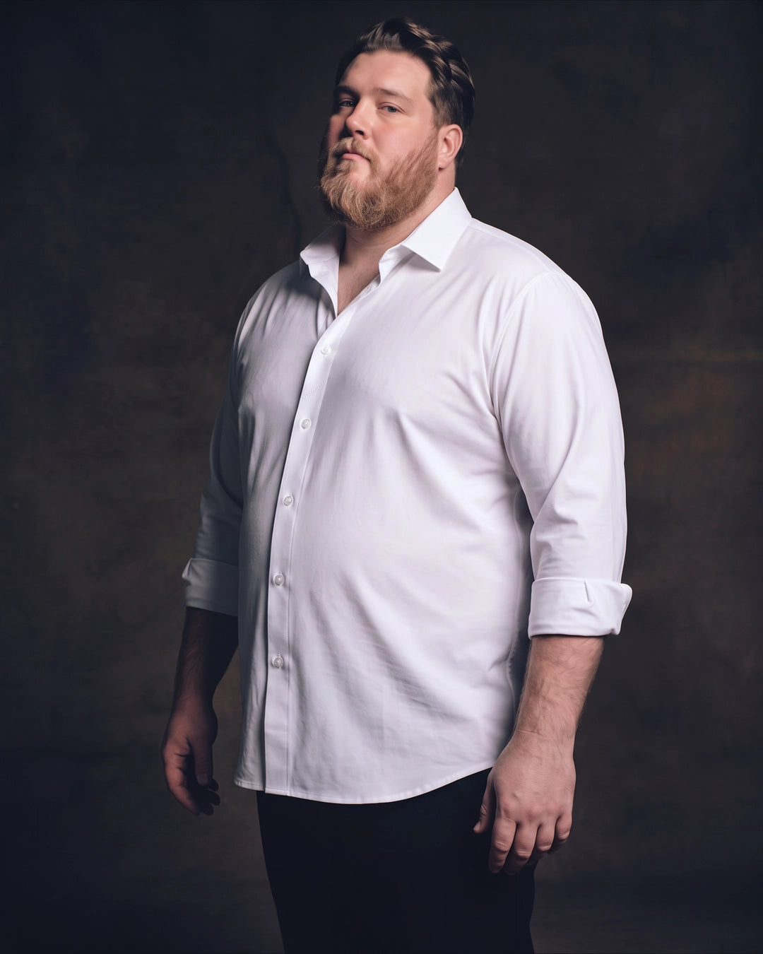 Plus-size white man trying on NEVER GAPE No-Gap Stretch Dress Shirt in White, Long Sleeve, side view
