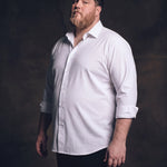 Plus-size white man trying on NEVER GAPE No-Gap Stretch Dress Shirt in White, Long Sleeve, side view