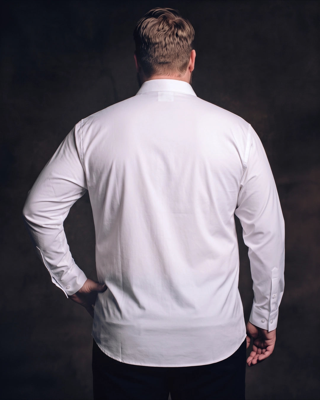 Plus-size white man trying on NEVER GAPE No-Gap Stretch Dress Shirt in White, Long Sleeve, back view
