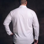 Plus-size white man trying on NEVER GAPE No-Gap Stretch Dress Shirt in White, Long Sleeve, back view