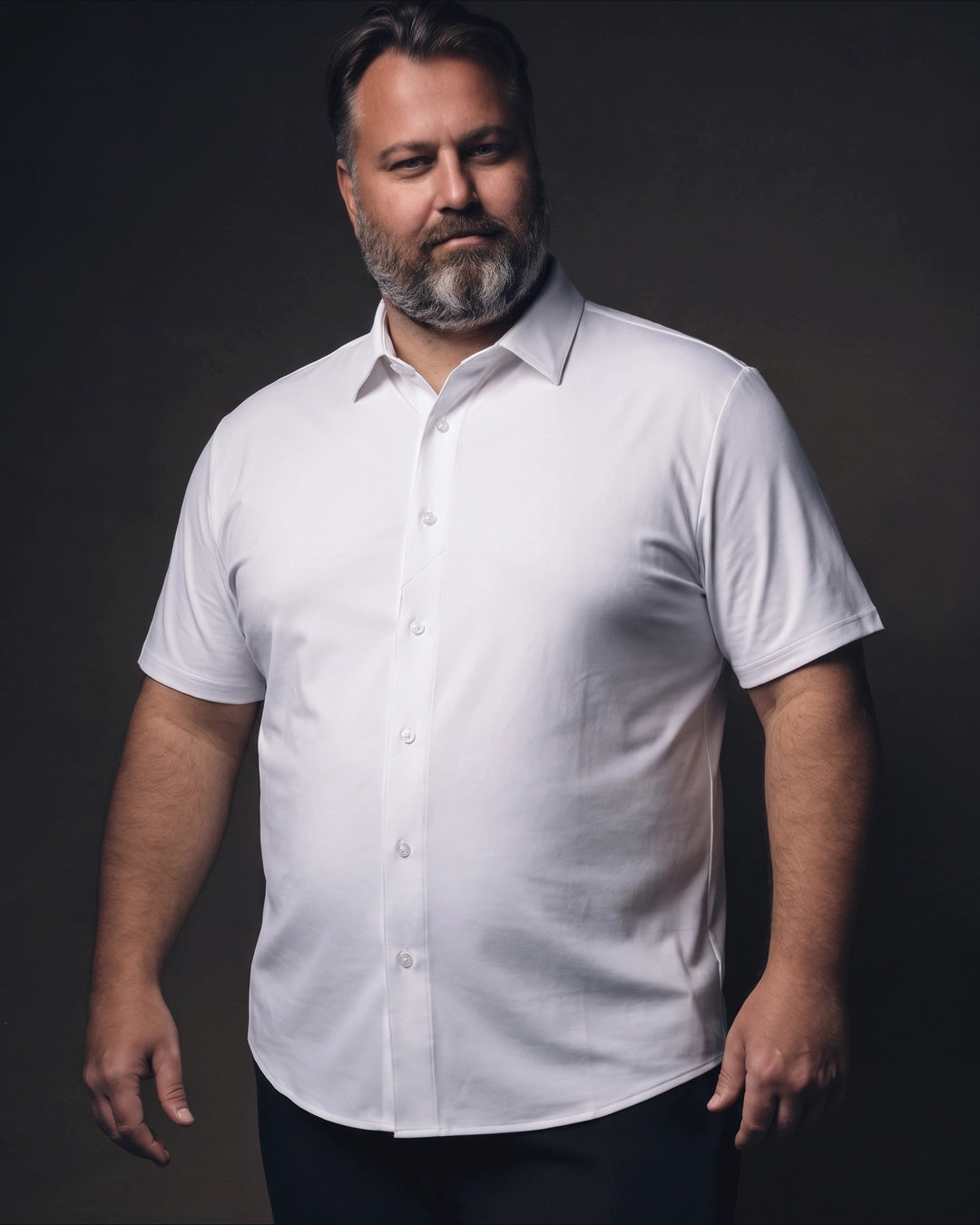 Plus-size white man trying on NEVER GAPE No-Gap Stretch Dress Shirt in White, Short Sleeve, front view