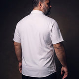 Plus-size white man trying on NEVER GAPE No-Gap Stretch Dress Shirt in White, Short Sleeve, back view