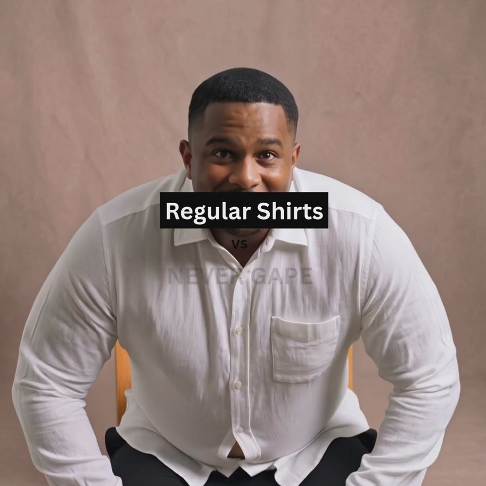Before and after comparison video of a man sitting down in a regular dress shirt versus a Never Gape dress shirt, demonstrating button gap prevention.